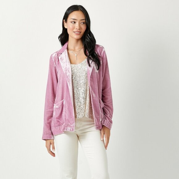 MYSTREE Pink Velvet Blazer, Soft Crushed Velvet Open Front Jacket, Luxe Party - Picture 2 of 3